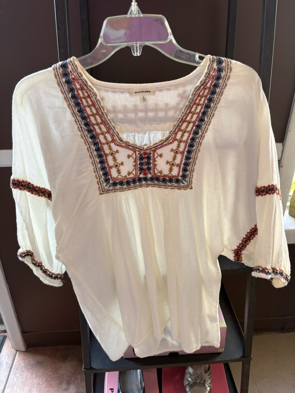 Max Studio White Embroidered V-Neck Tunic with Multicolor Trim